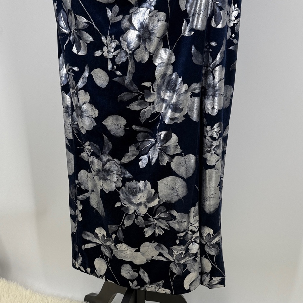 Adrianna Papell asymmetric foil velvet Floral Navy front slit  Dress size 4P - Picture 4 of 10